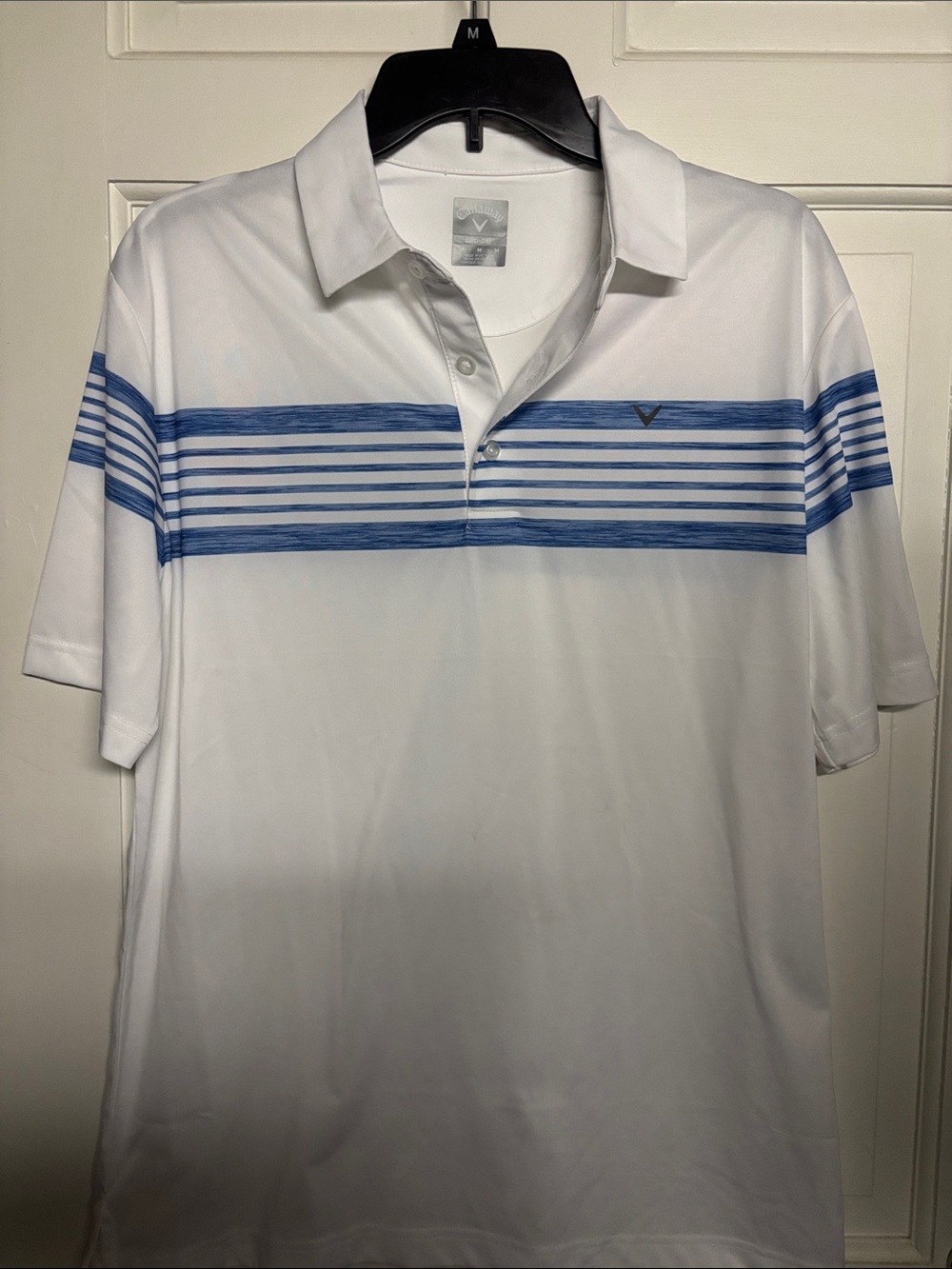 Callaway White Polo with Blue Horizontal Stripe